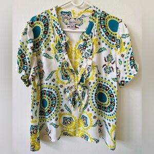 EUC Valija Gitana Vintage White Teal Yellow Ruffled V-Neck Blouse M